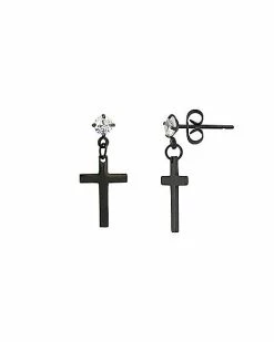 Buy 🔥 CZ Black Cross Dangle Stud Earrings - 20 Gauge 👏