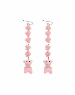 Promo 😀 Pink Rose Teddy Bear Dangle Earrings ⭐