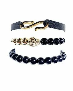 Wholesale ⭐ Multi-Pack Goldtone Skull Black Beaded Bracelets - 3 Pack ❤️