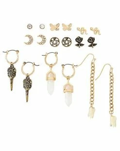 Cheapest 🛒 Multi-Pack Goldtone Crystal Tooth Snake Earrings - 9 Pair 😀