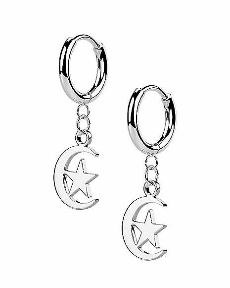 Wholesale ⭐ Silvertone Crescent Moon and Star Dangle Huggie Hoop Earrings - 20 Gauge ✔️ 3 Wholesale ⭐ Silvertone Crescent Moon and Star Dangle Huggie Hoop Earrings - 20 Gauge ✔️