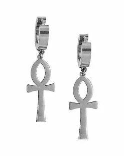 Outlet ❤️ Silvertone Ankh Cross Dangle Huggie Hoop Earrings - 20 Gauge ✔️
