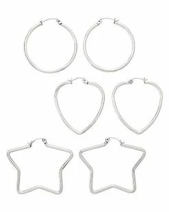 Outlet ⭐ Multi-Pack Silvertone Heart Star and Hoop Earrings 3 Pair - 20 Gauge 💯