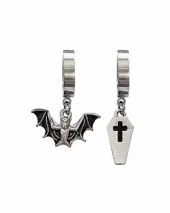 Cheap 🥰 Bat and Coffin Mismatched Huggie Hoop Dangle Earrings 😉
