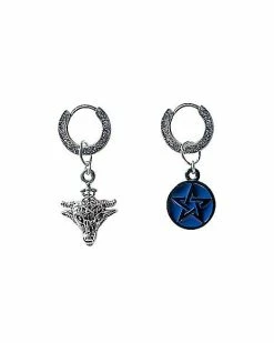 Buy 🧨 Pentagram and Baphomet Mismatched Huggie Hoop Dangle Earrings ✔️