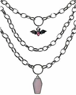 Coupon 🥰 CZ Pink Multi-Pack Coffin and Bat Link Chain Necklaces - 3 Pack 🤩