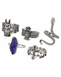 Best Sale ✔️ Multi-Pack Rabbit Owl Snake Cross Blue Stone Rings - 5 Pack ⌛