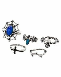Coupon ⌛ Multi-Pack Spider Bat Skull Cross Rings - 5 Pack 💯